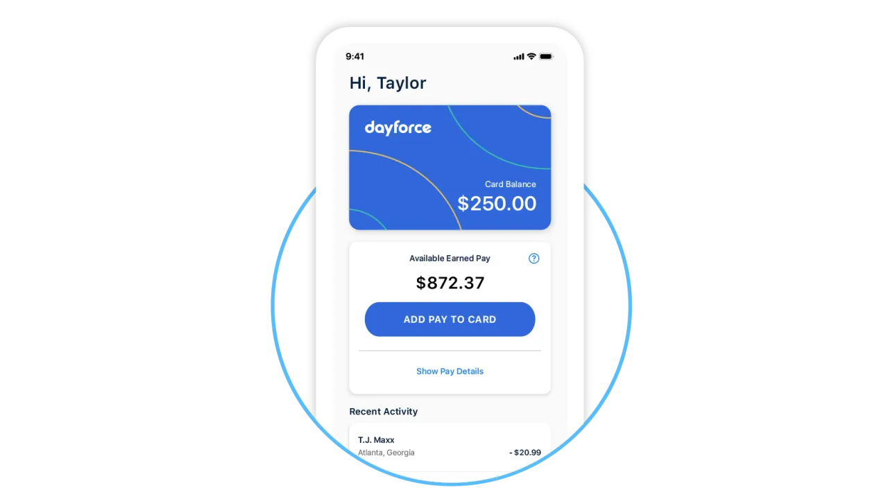 Dayforce Wallet mobile app showing card balance and available earned pay