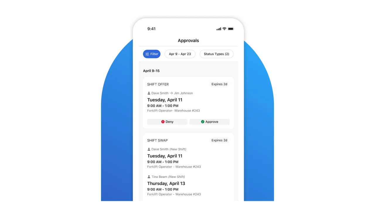 Manager approvals screen in the Dayforce mobile app (shift offers and shift swaps)