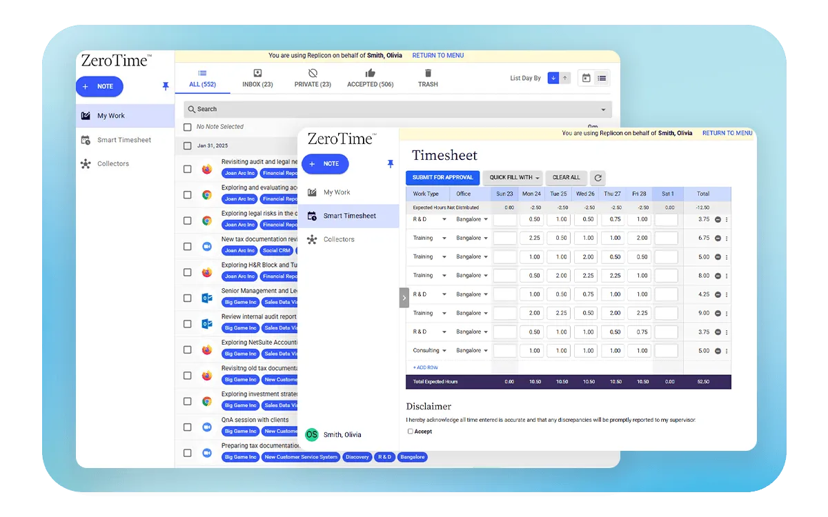 ZeroTime smart timesheet with AI-suggested time entries