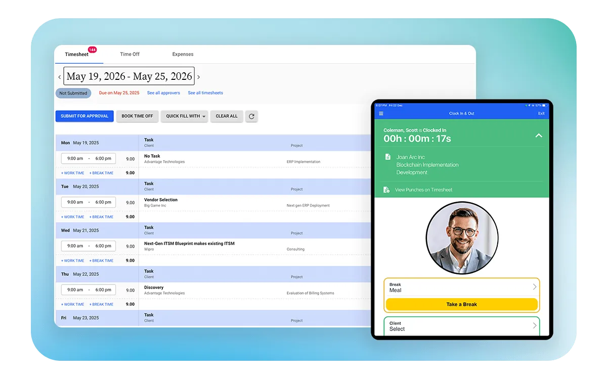 Weekly timesheet view alongside mobile clock-in/clock-out