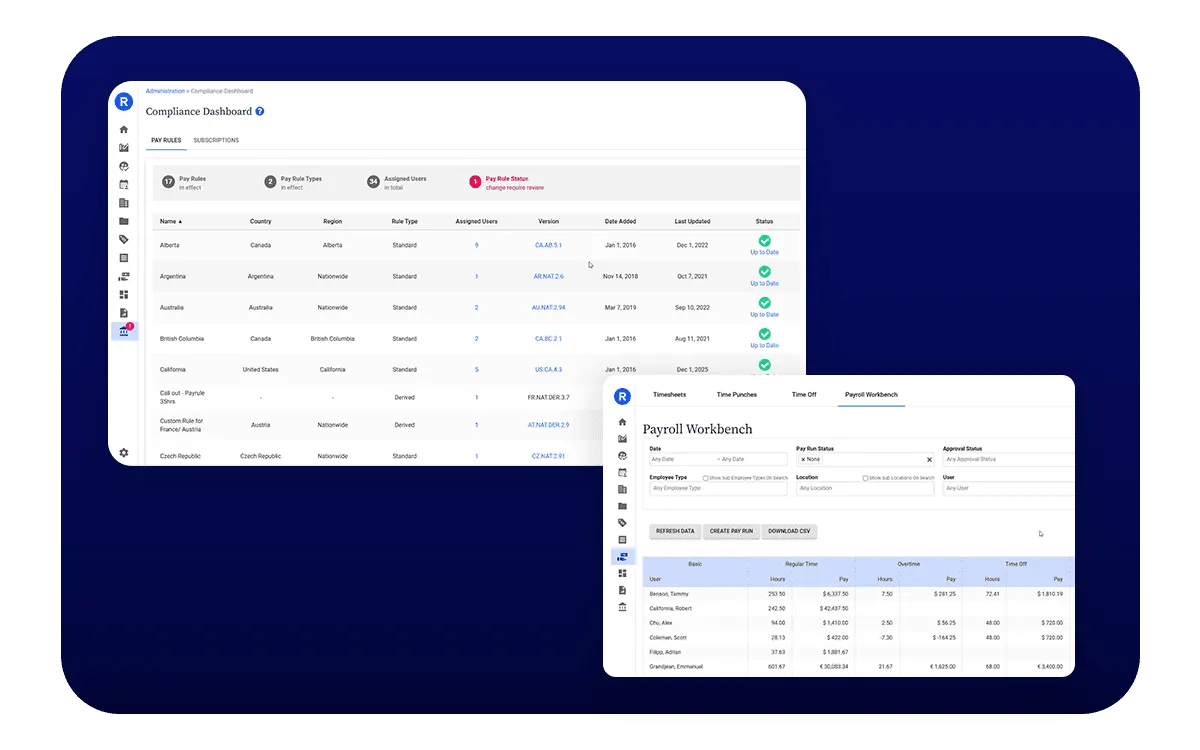 Compliance dashboard with pay rules by country, plus payroll workbench