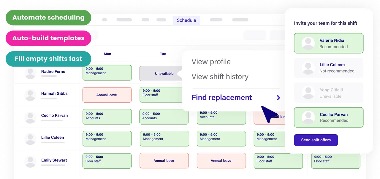 Weekly schedule grid with shift replacement and team invite panel