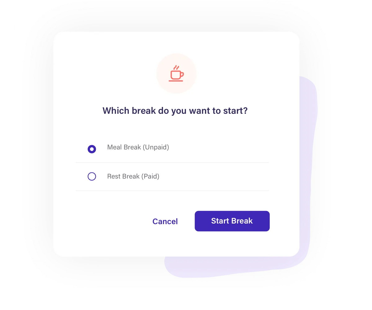 Mobile break-selection dialog (meal break vs. rest break)