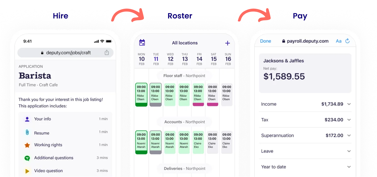 Hire, roster and pay flow across mobile screens: job application, multi-location schedule, and payslip breakdown