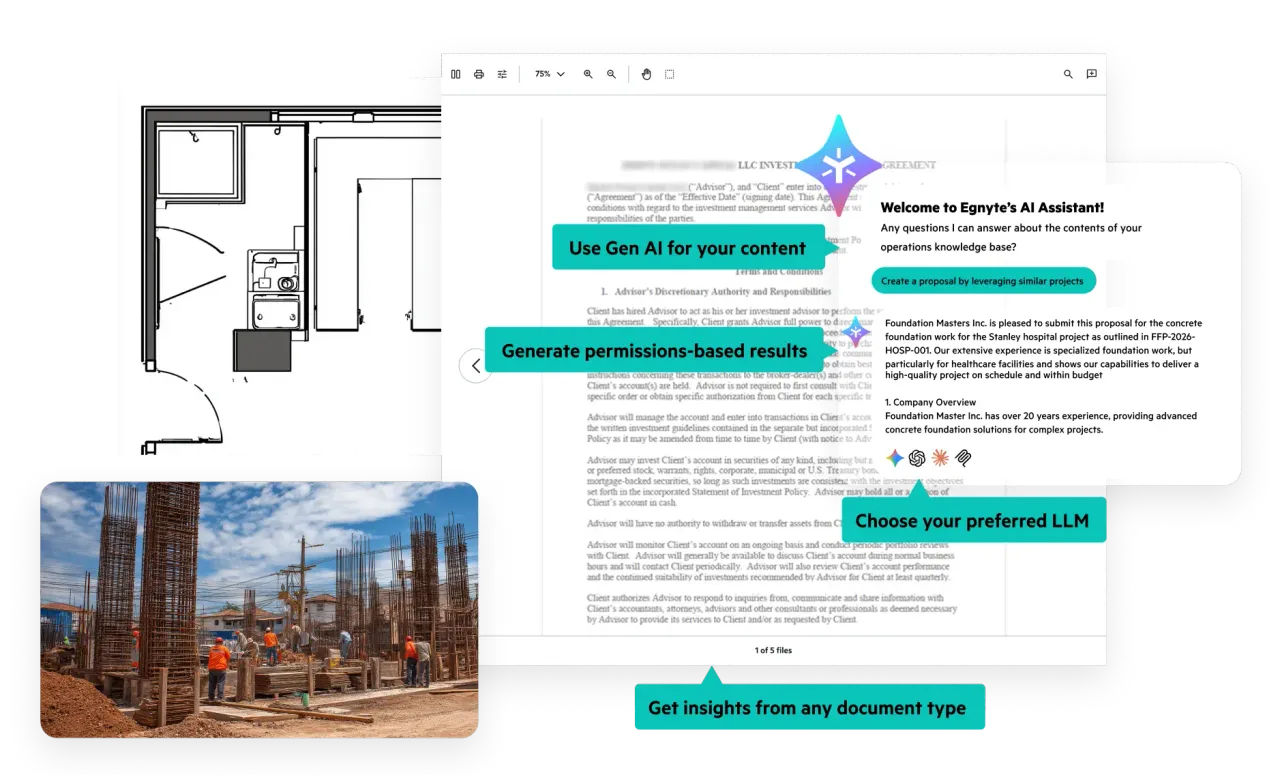 Egnyte AI Assistant summarizing and answering questions over project documents with a choice of LLM