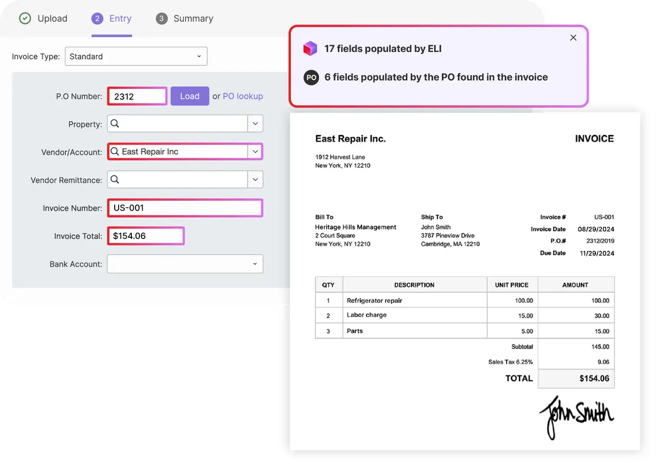 ELI Invoice Entry: AI-assisted invoice data extraction showing PO number, vendor and total