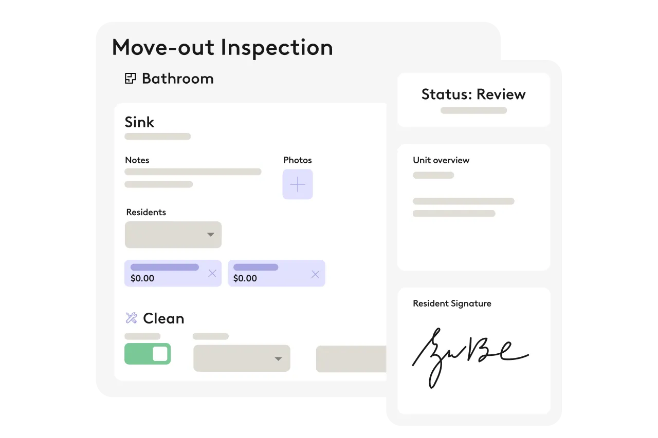 Move-out inspection form with resident charges and cleaning checklist