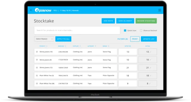 Stocktake screen in the Epos Now retail back office