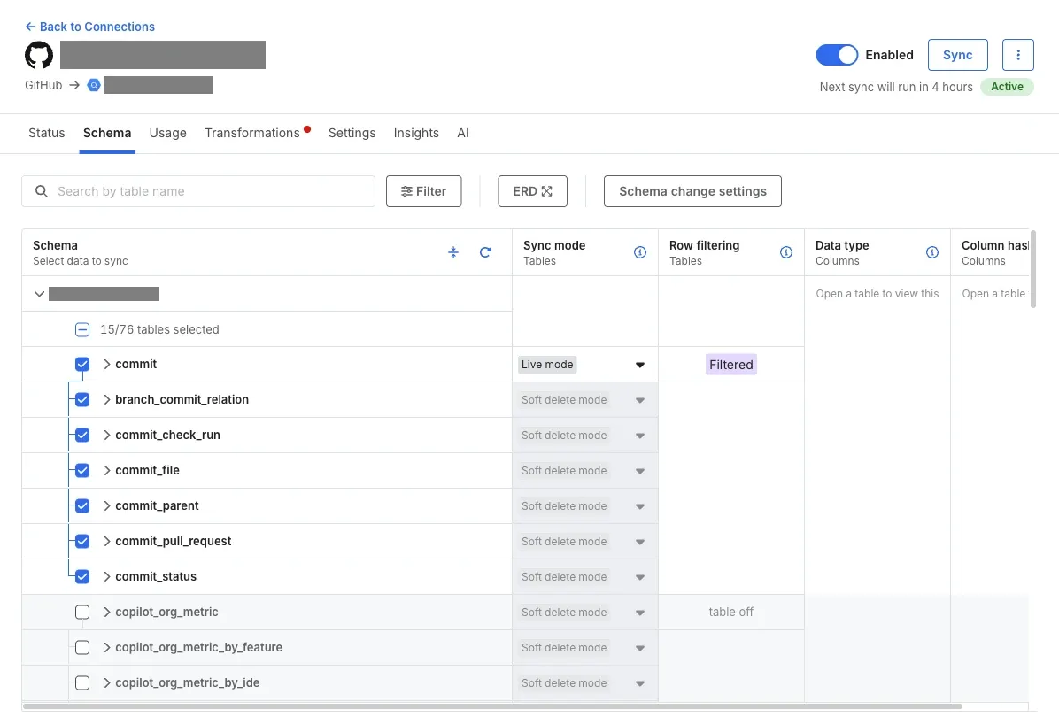 Connection schema tab with per-table sync mode and row-filtering controls