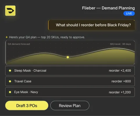 AI demand planning view showing a Q4 forecast and top reorder recommendations