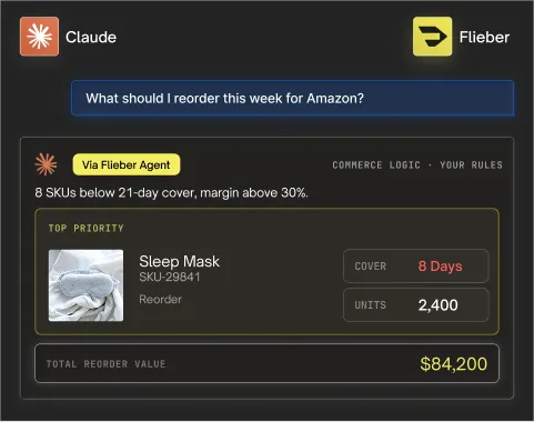 Flieber Studio reorder recommendation surfaced via Claude (MCP integration)