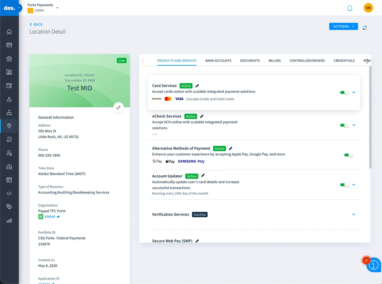 Location-level payment services configuration (card, eCheck, Account Updater) in Dex