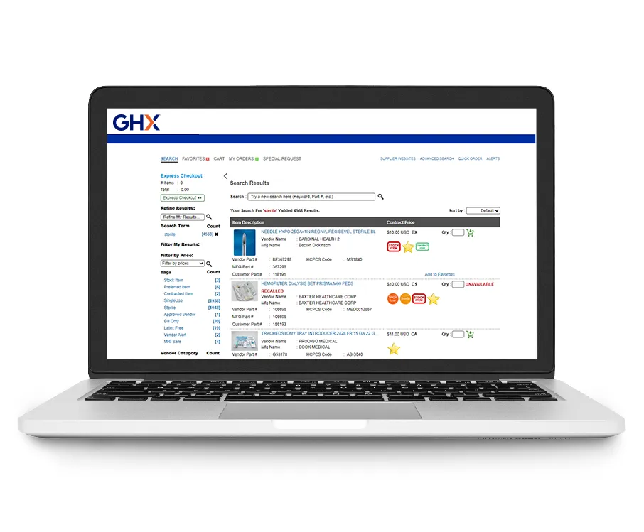 GHX Marketplace item search and ordering screen