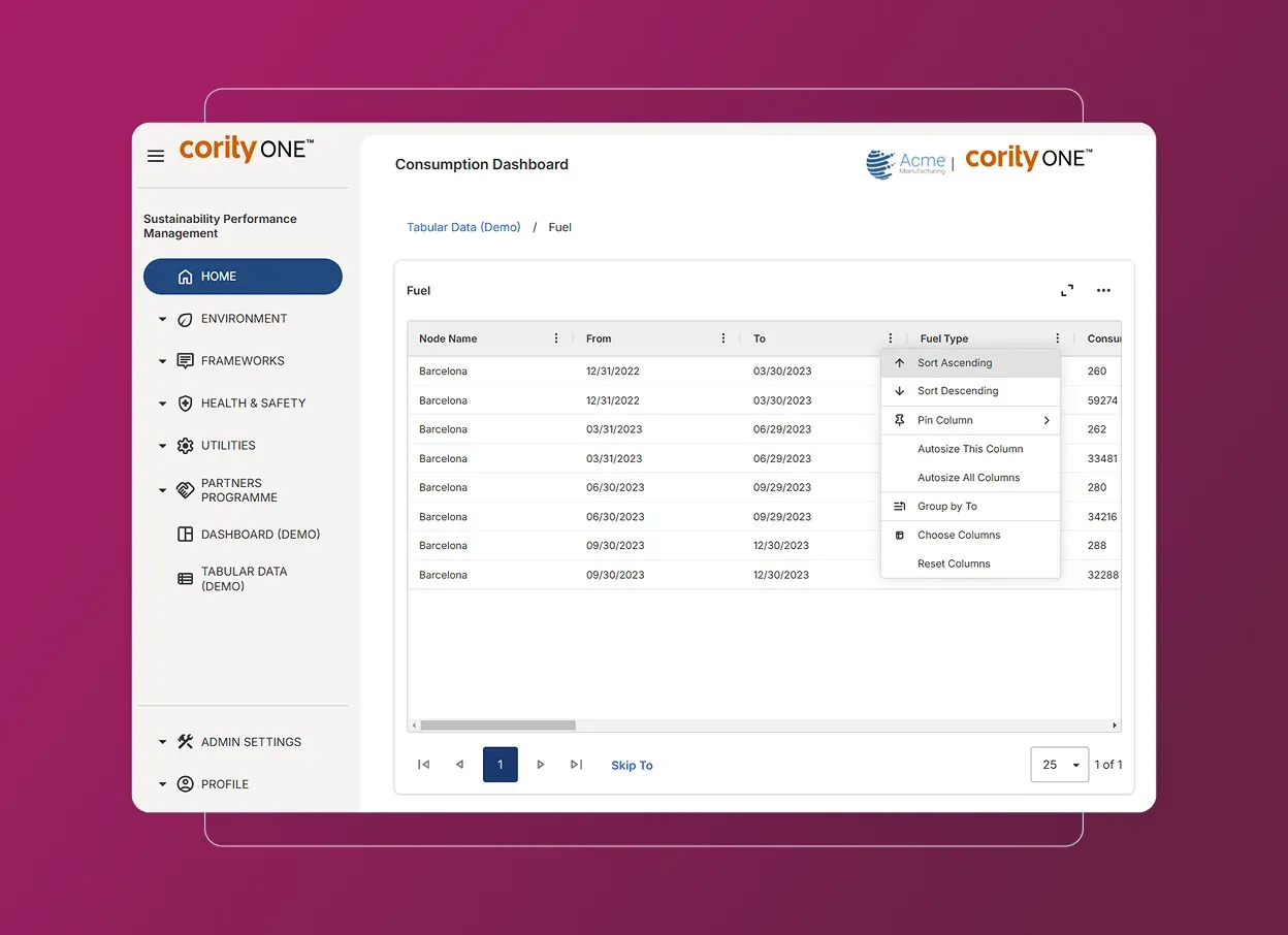 CorityOne sustainability performance management module with Frameworks navigation and site-level fuel consumption data table