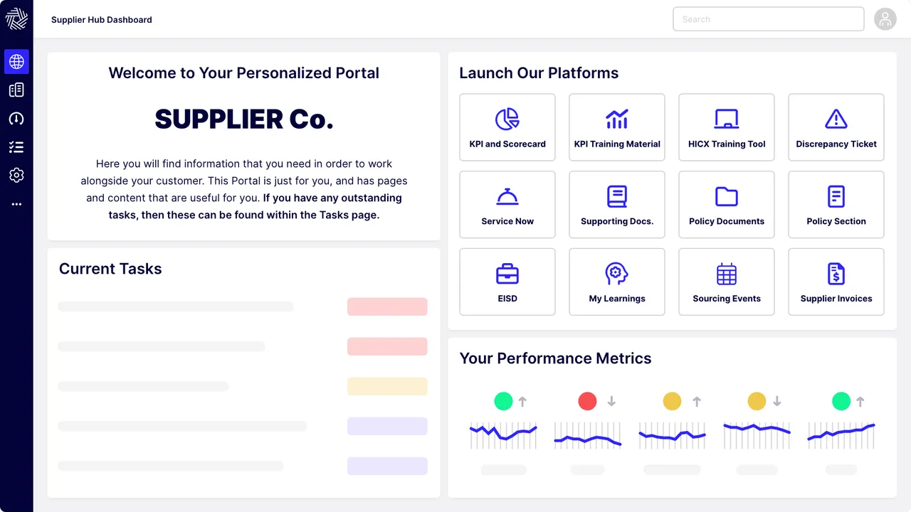 Personalized supplier portal home screen with launch tiles and performance metrics