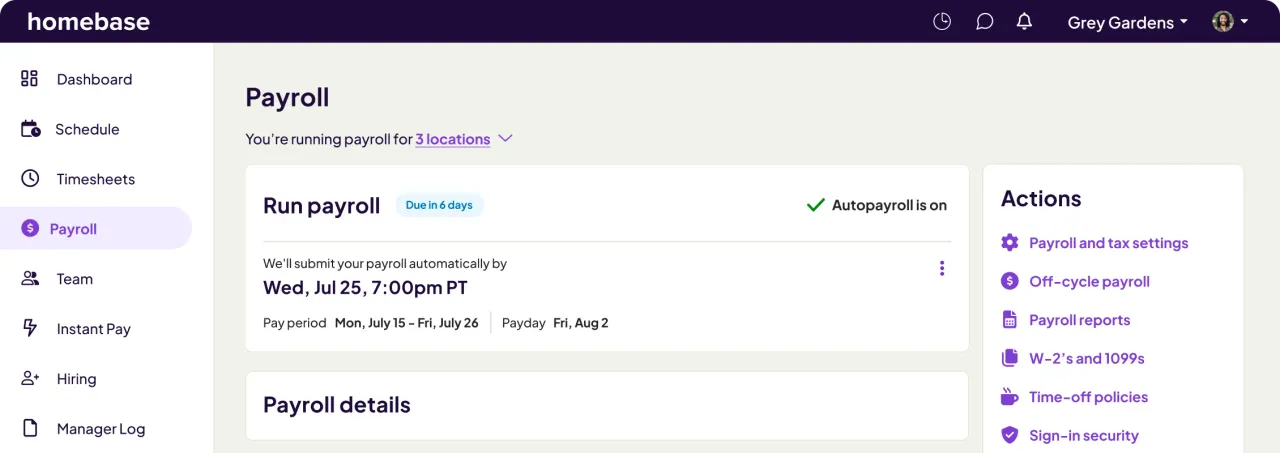 Payroll dashboard showing an upcoming payroll run, pay period and autopayroll status