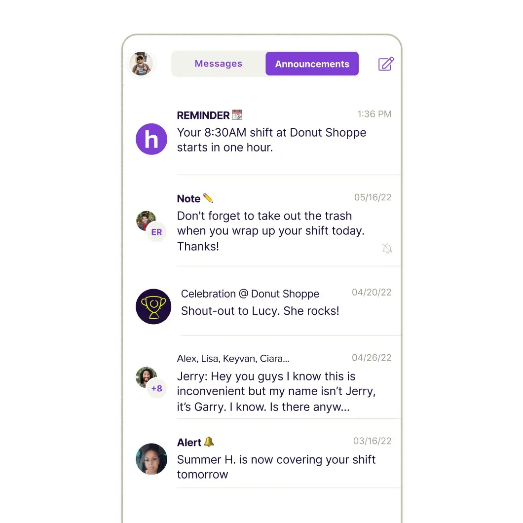 Mobile app announcements and reminders feed sent to hourly staff