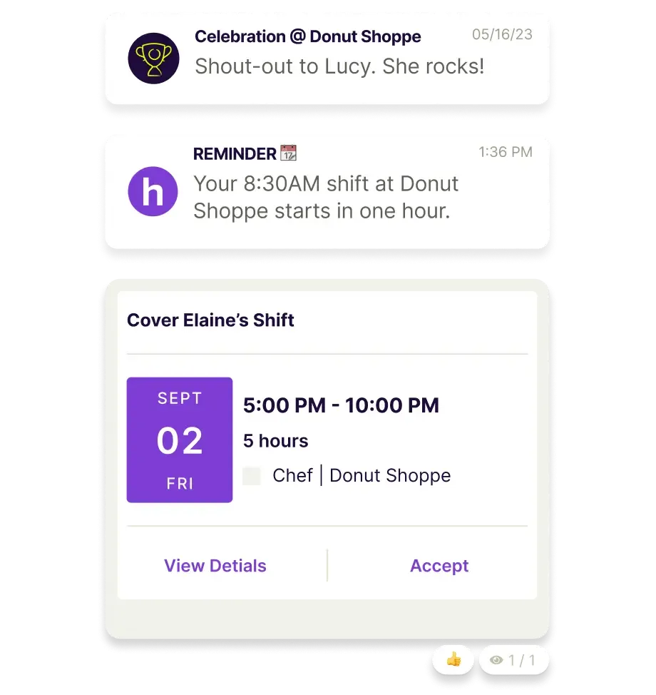 In-app shift-cover request card with accept/decline actions