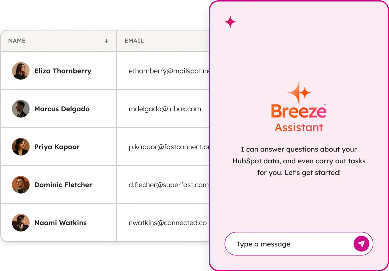 Contact list with Breeze AI Copilot overlay composing email