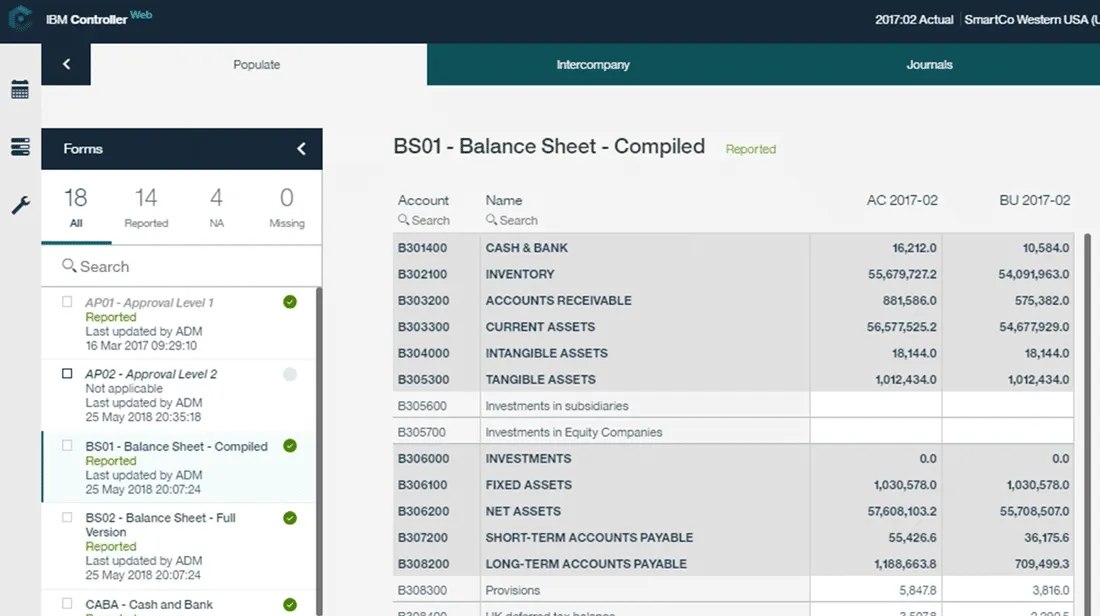 Controller Web compiled balance sheet with intercompany and journals status tabs