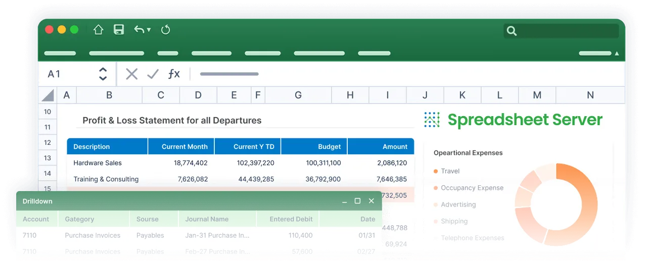 Excel P&L statement built with Spreadsheet Server, with a drilldown window showing underlying transaction detail