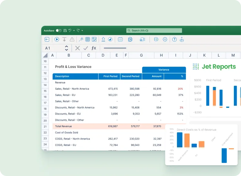 Profit & loss variance report in Excel with linked Jet Reports charts