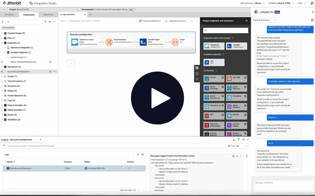 Jitterbit Integration Studio with the iPaaS AI Assistant panel