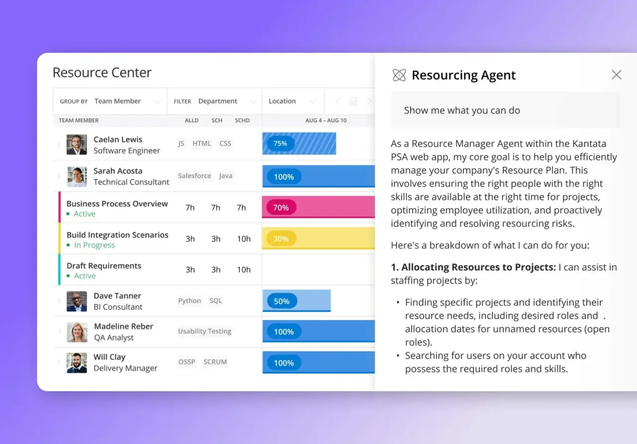 Resource Center staffing grid with the AI Resourcing Agent panel