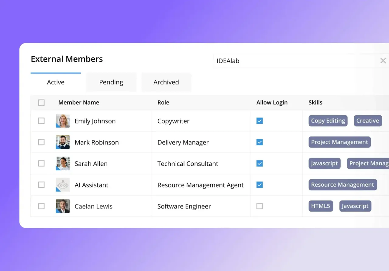 External Members table for managing contractor access and skills