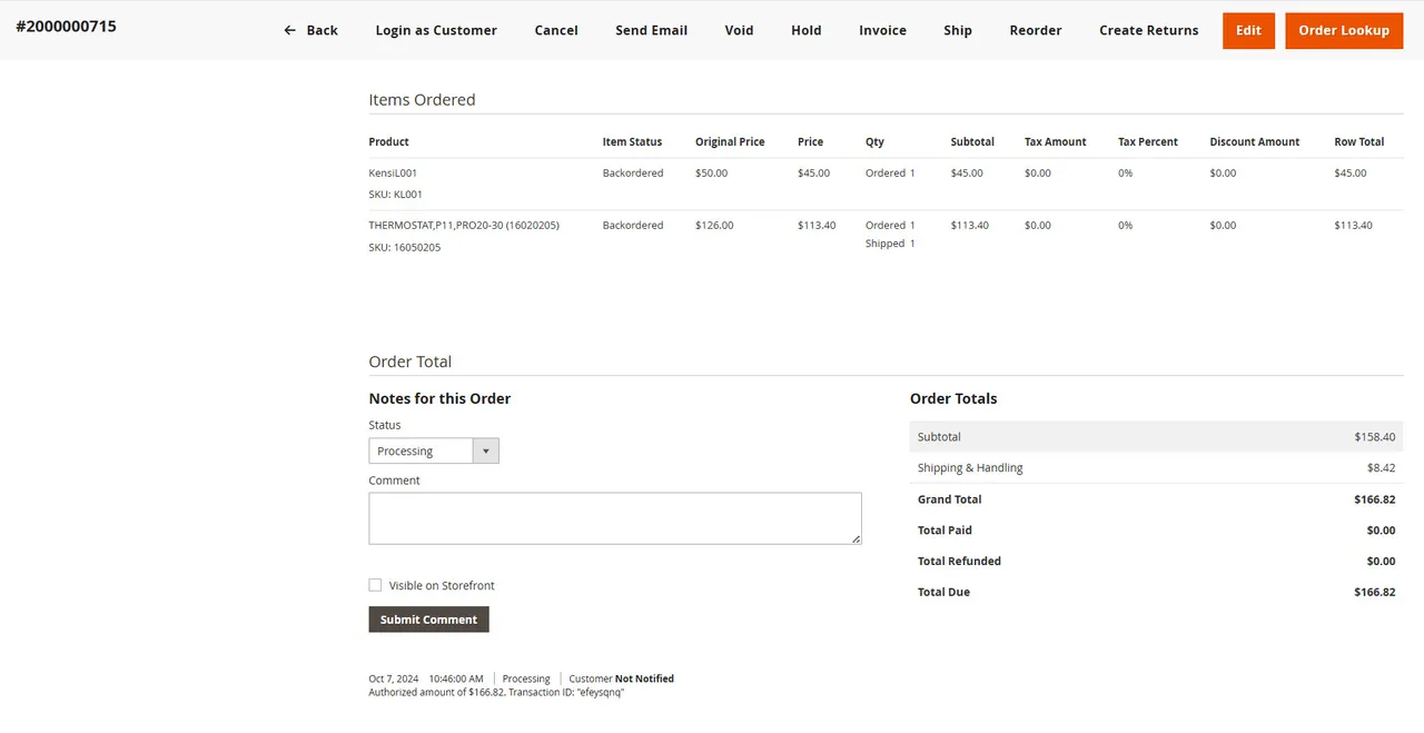 Order look-up / order tracking screen
