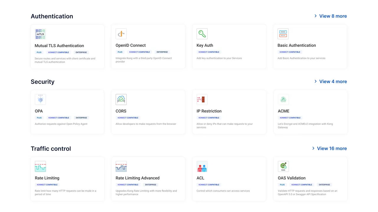 Kong Gateway plugin catalog showing authentication, security and traffic control plugins