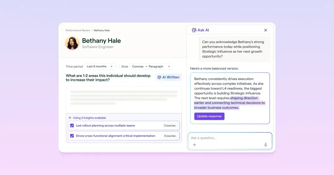 AI-assisted performance review draft with source insights linked to specific accomplishments
