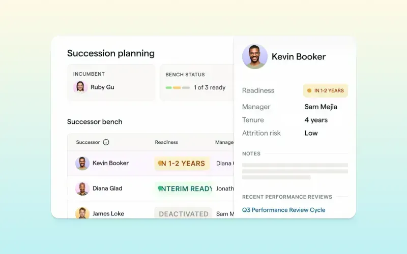 Succession planning view showing successor bench, readiness and attrition risk