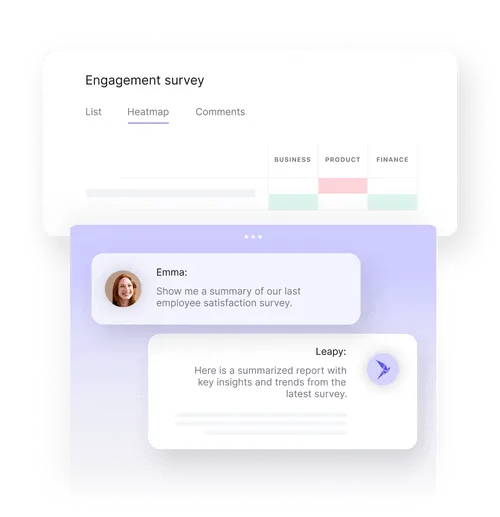 AI copilot summarizing an engagement survey, shown over the survey heatmap view