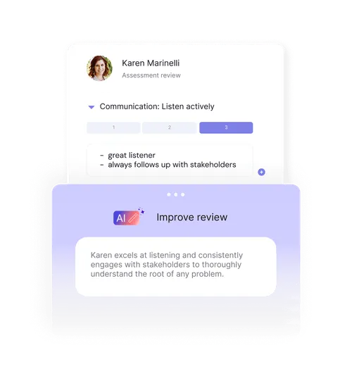 Performance review assessment with AI-generated "Improve review" suggestion