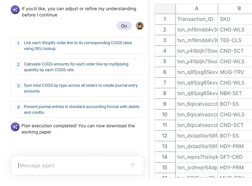 AI agent chat building an Excel-native working paper from a spreadsheet workflow