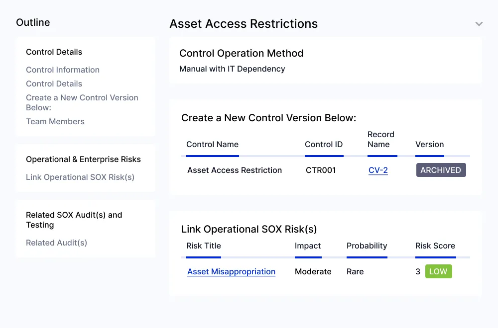 SOX control detail record: operation method, control version history and linked operational risks