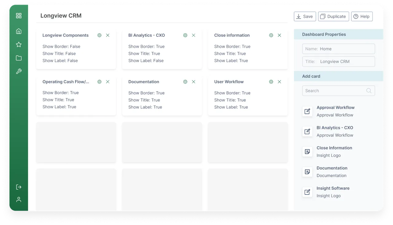 Longview close dashboard configuration with BI analytics and workflow cards