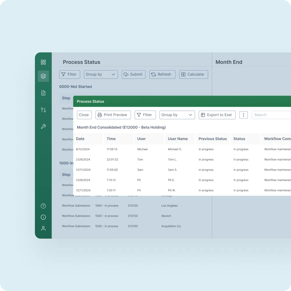 Process status detail view for a consolidated month-end run