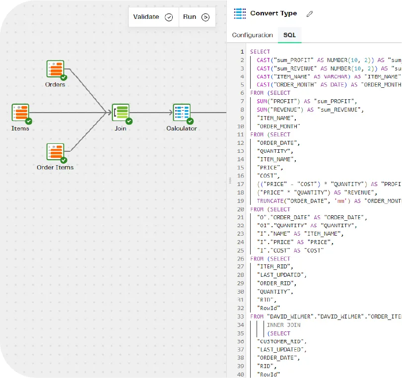 Visual pipeline canvas with the generated SQL for a native pushdown transformation