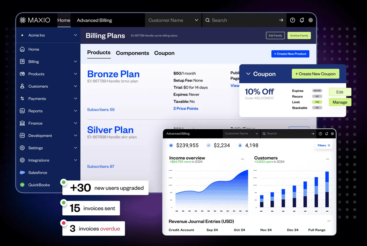 Maxio SaaS billing dashboard showing plans and analytics