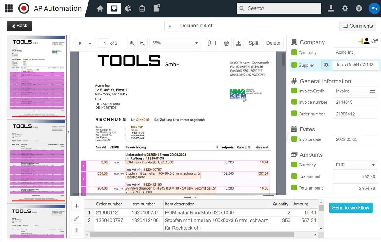 AI-powered invoice capture screen