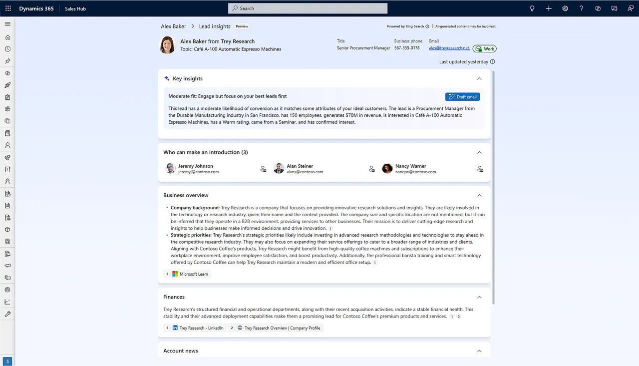 Contact details view with insights, business overview and account news for lead qualification
