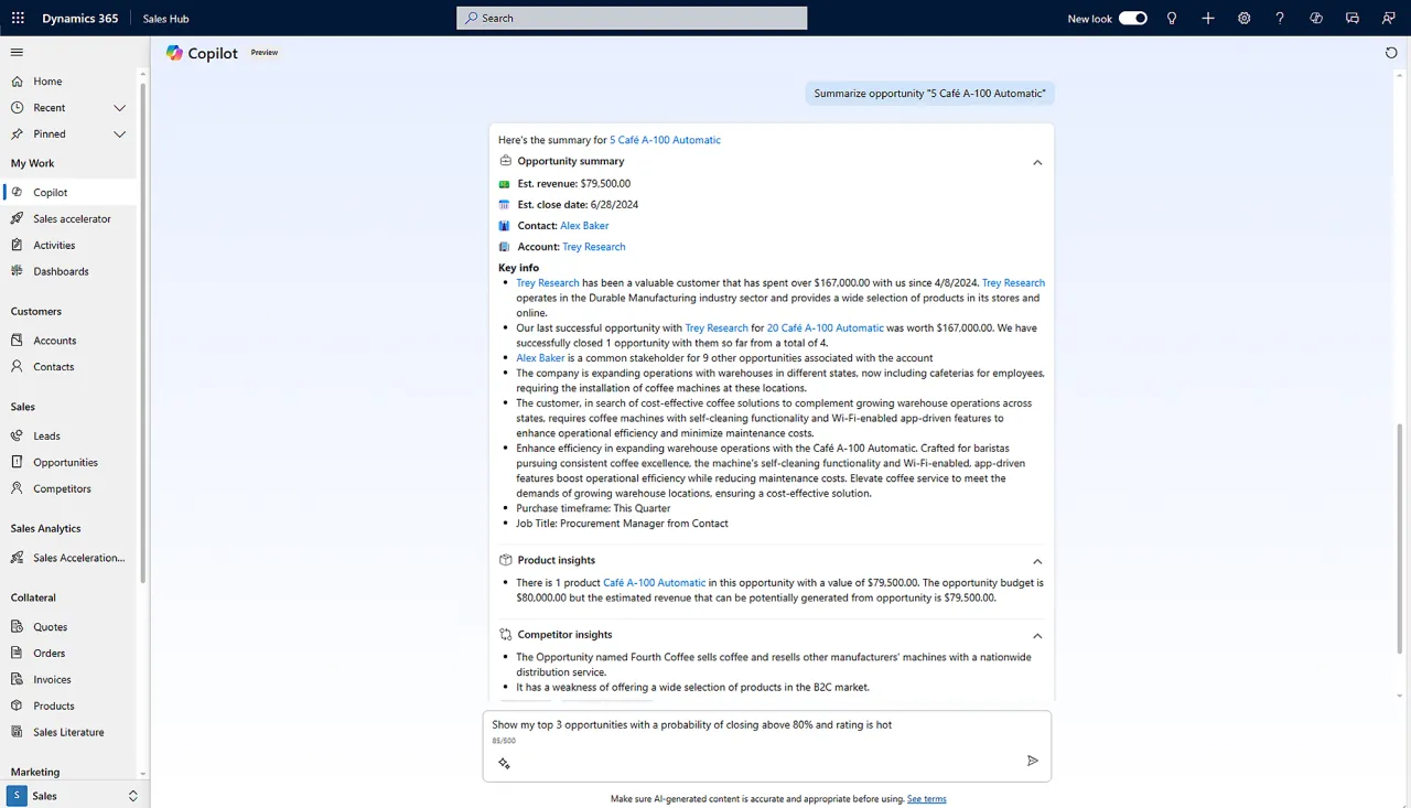 AI-generated opportunity summary with revenue, forecast, notes and next steps
