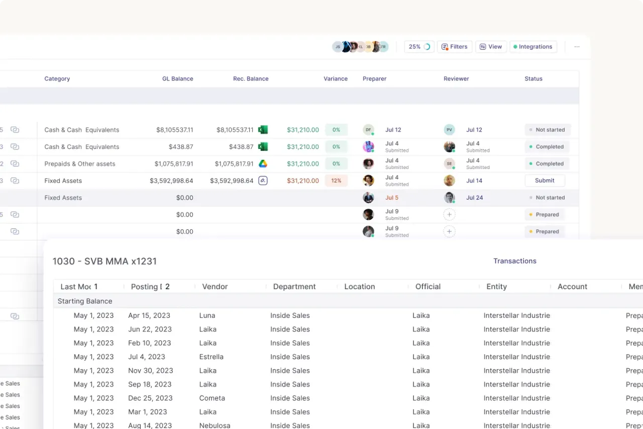 Account reconciliation workbench comparing GL and reconciled balances
