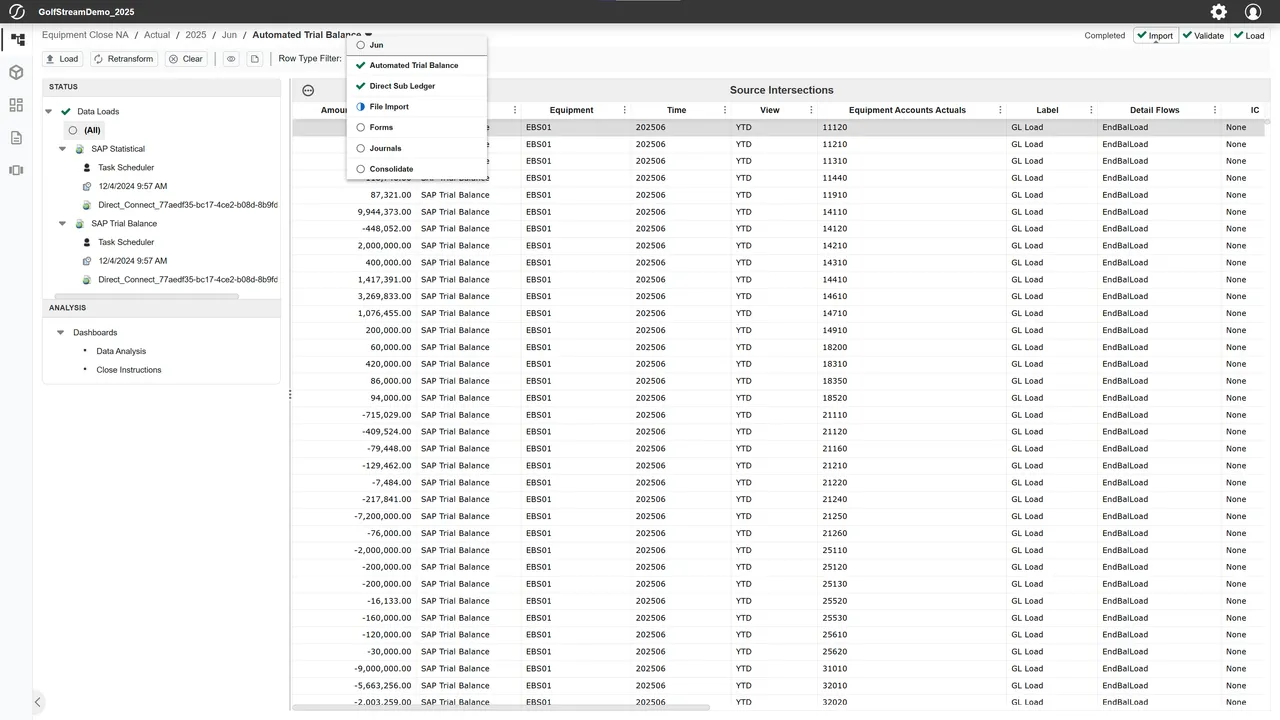 Automated trial balance data load and workflow status screen