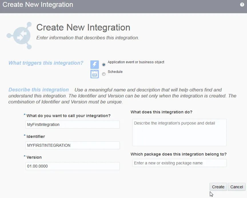 Oracle Integration Create New Integration dialog (trigger, name, identifier, version, package)
