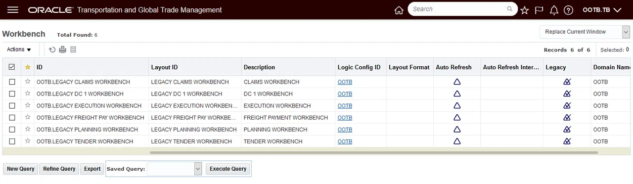 OTM workbench grid listing planning, freight pay, and tender workbenches