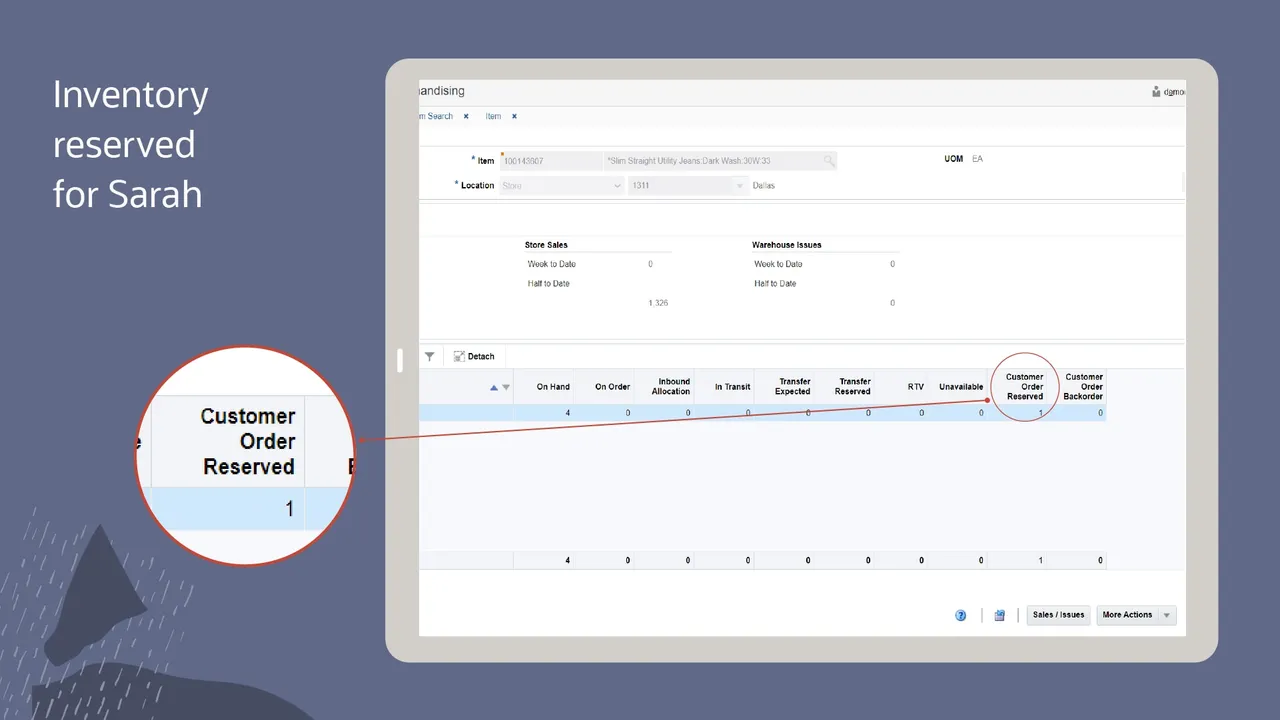 Central inventory record view after a customer order reservation