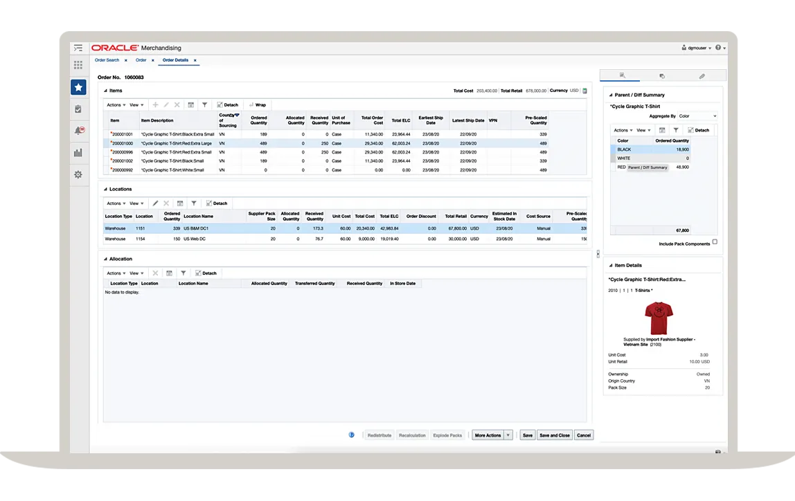 Allocation screen for distributing merchandise across stores